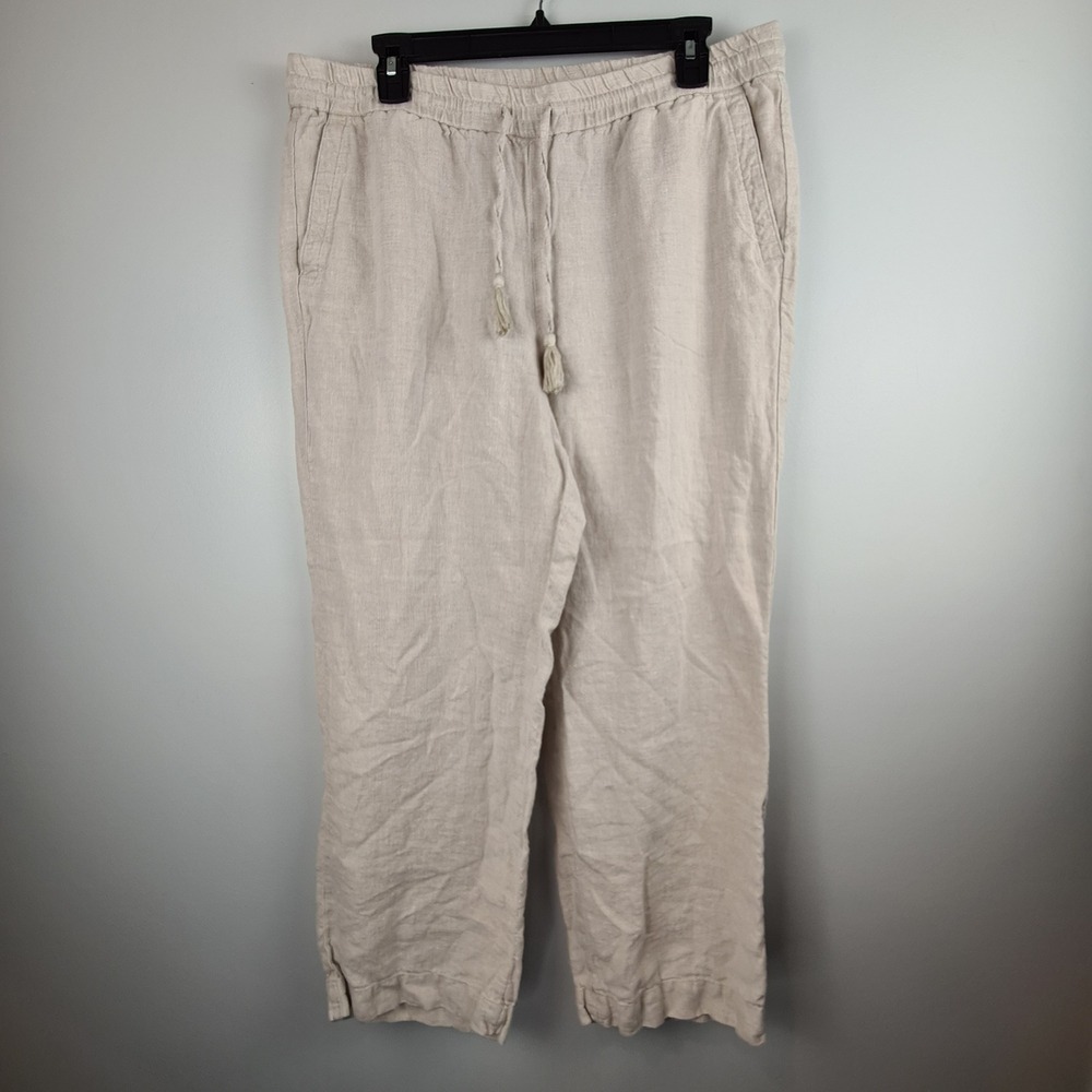 Talbots Womens 12P Beige 100% Linen Wide Leg Cropped Pants Tassel Drawstring